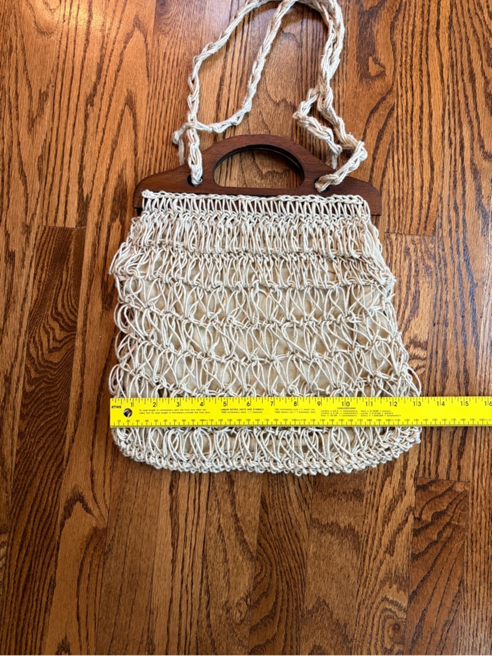 Vintage Simon New York Macrame Bag Wood Handle Italy 60s 70s Boho - Picture 4 of 6